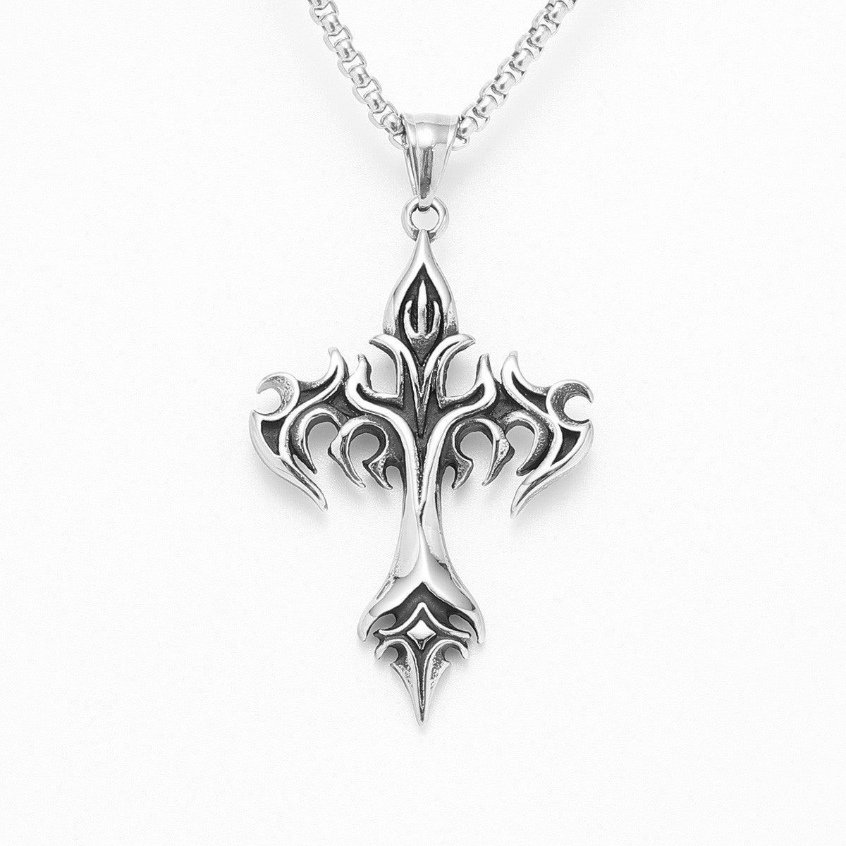 Mens Street Wear Fire Vulcan Cross No Fade Stainless Steel Pendant Chain Necklace