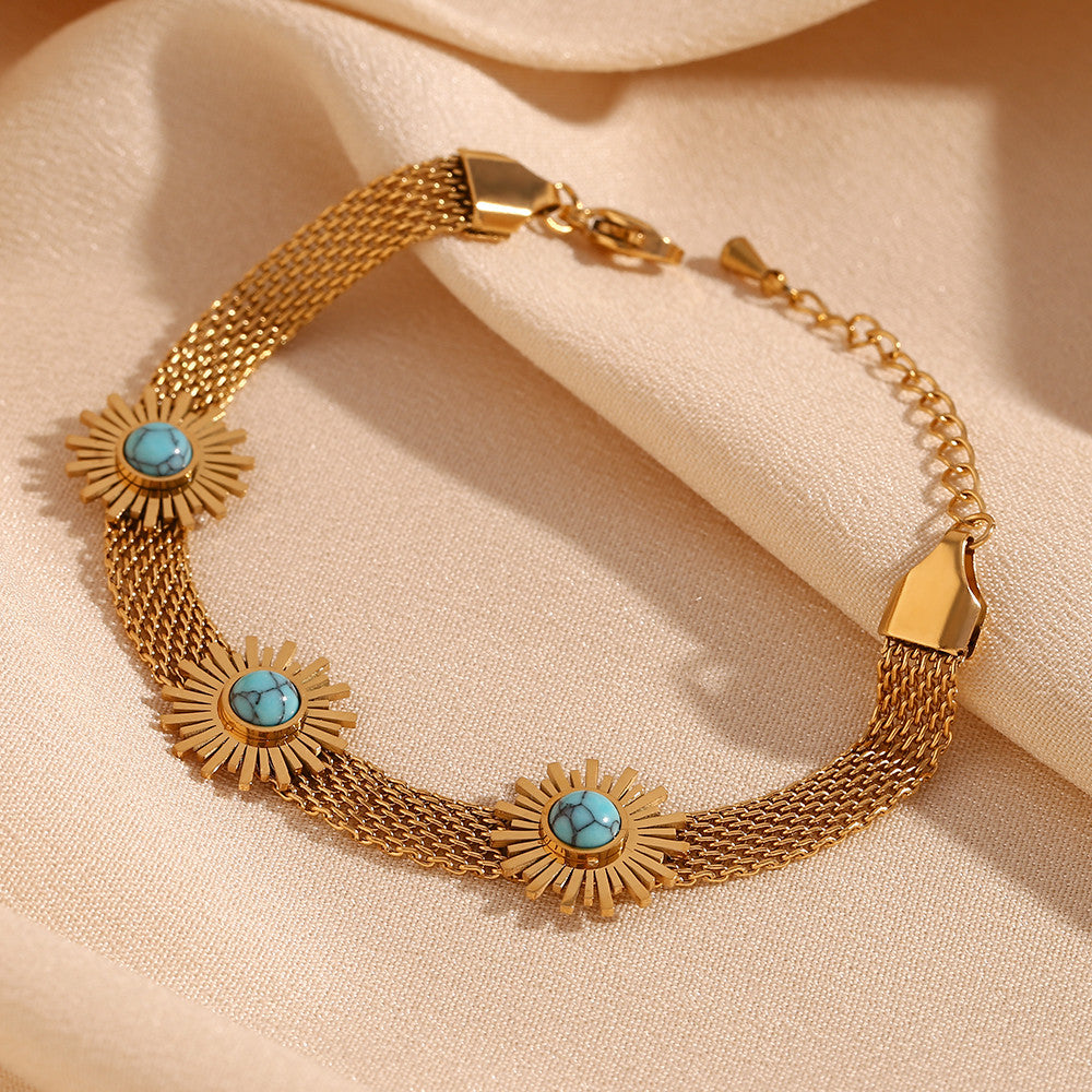 18k Gold Solid Stainless Steel Waterproof Blue Turquoise Sunflower Woven Mesh Chain Bracelet