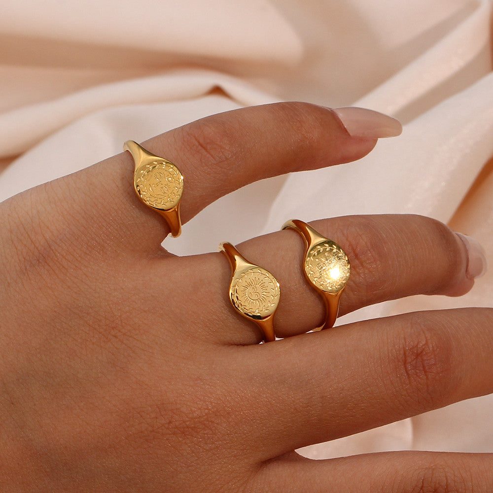 18k Gold Facial Expression of Moon Sun Star Goddess Stainless Steel Ring
