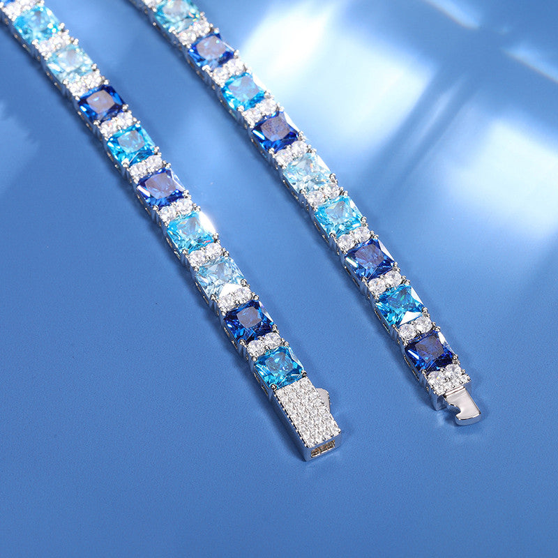 Aqua Squares | VVS Diamond CZ Solid 925 Sterling Silver Blue Square Tennis Bracelet