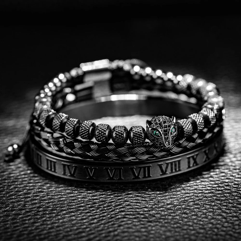 Men's Luxury Leopard Eye Roman Numeral Bangle VVS Diamond CZ Bling Bracelets