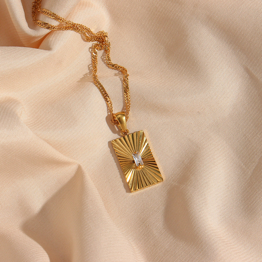 Sunburst 18k Gold Over Stainless Steel Waterproof Rectangle 316L Chain Necklace