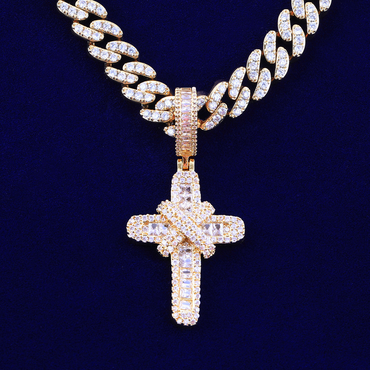 Ribbons of Ice | VVS Diamond CZ Baguette Cut Ribbon Cross Iced Blinged Out Pendant