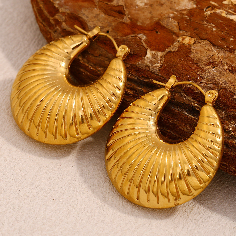 18k Gold Solid Stainless Steel Sheep Horn Striped Hoop Waterproof Earrings