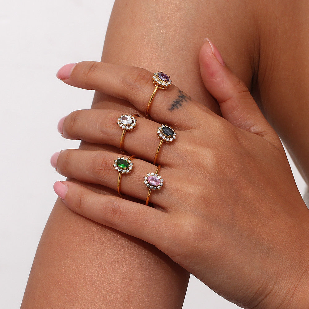 Waterproof 18k Gold Stainless Steel Oval Floral Shape Cubic Zirconia Stone Rings