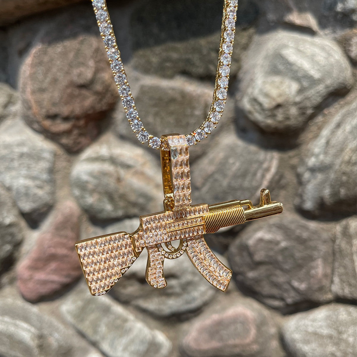 Choppa | Mens Ice Baguette AK 47 Hip Hop 24k Gold Silver Pendant