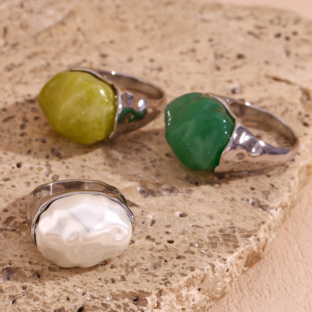 18k Gold Stainless Steel Acrylic Stone Vintage Water Resistant Ladies Bling Rings