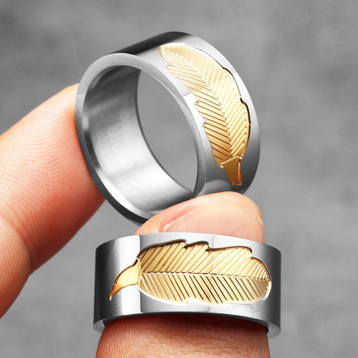 Fossil Leaf | 316L Solid Stainless Steel Gold Accented Luxury Designer Mens Rings