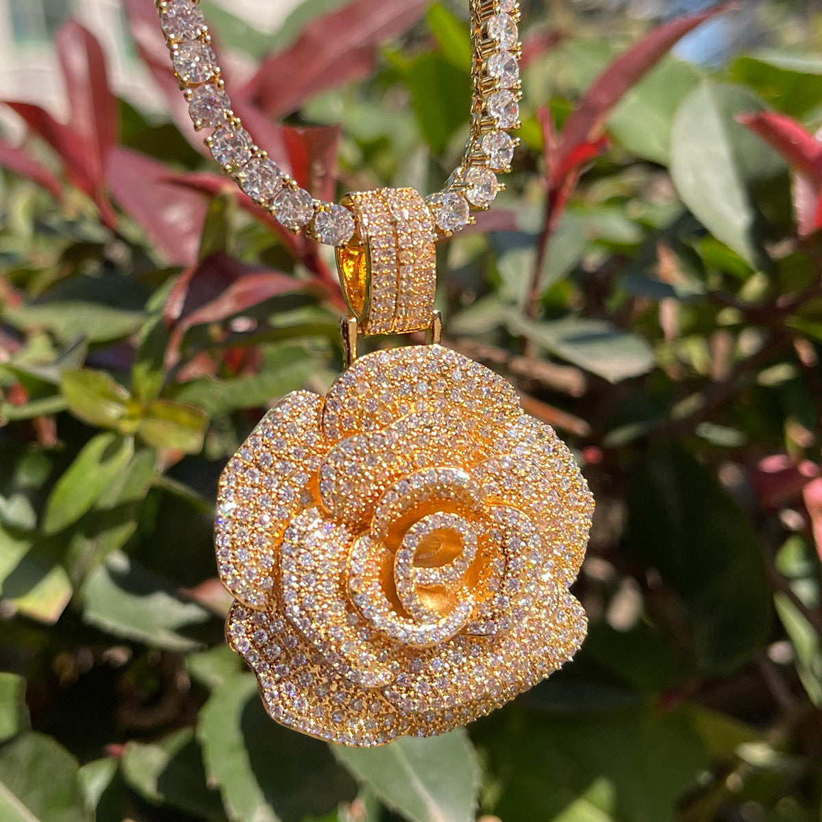 Sweet Diamond Rose | Ladies Iced Rose Flower Bling Superstar Chain Necklace