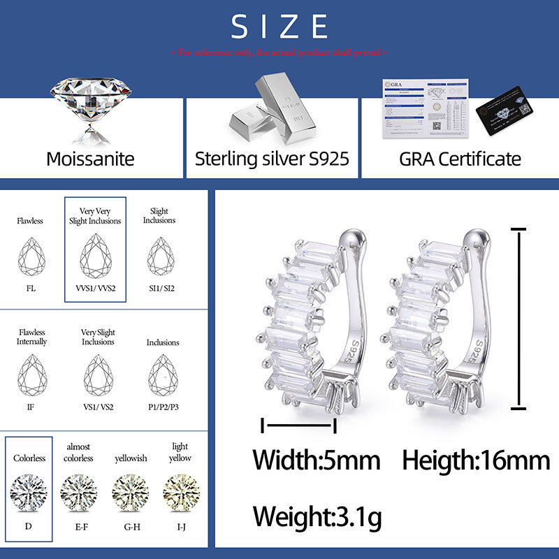 Clip On Solid 925 Silver Moissanite Diamond Baguette Bling Non-Piercing Stud Hip Hop Earrings