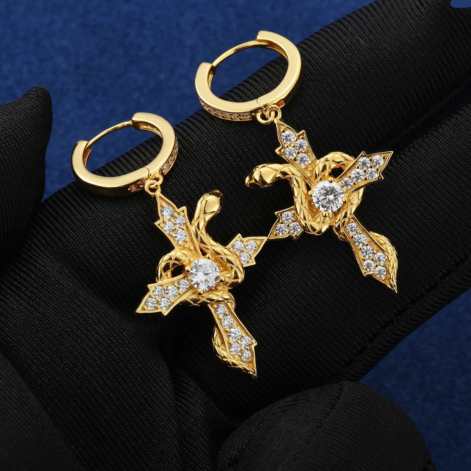 Serpent Arrow Cross | Iced Blinged Out Moissanite Diamond Huggie Dangle 925 Silver Earrings