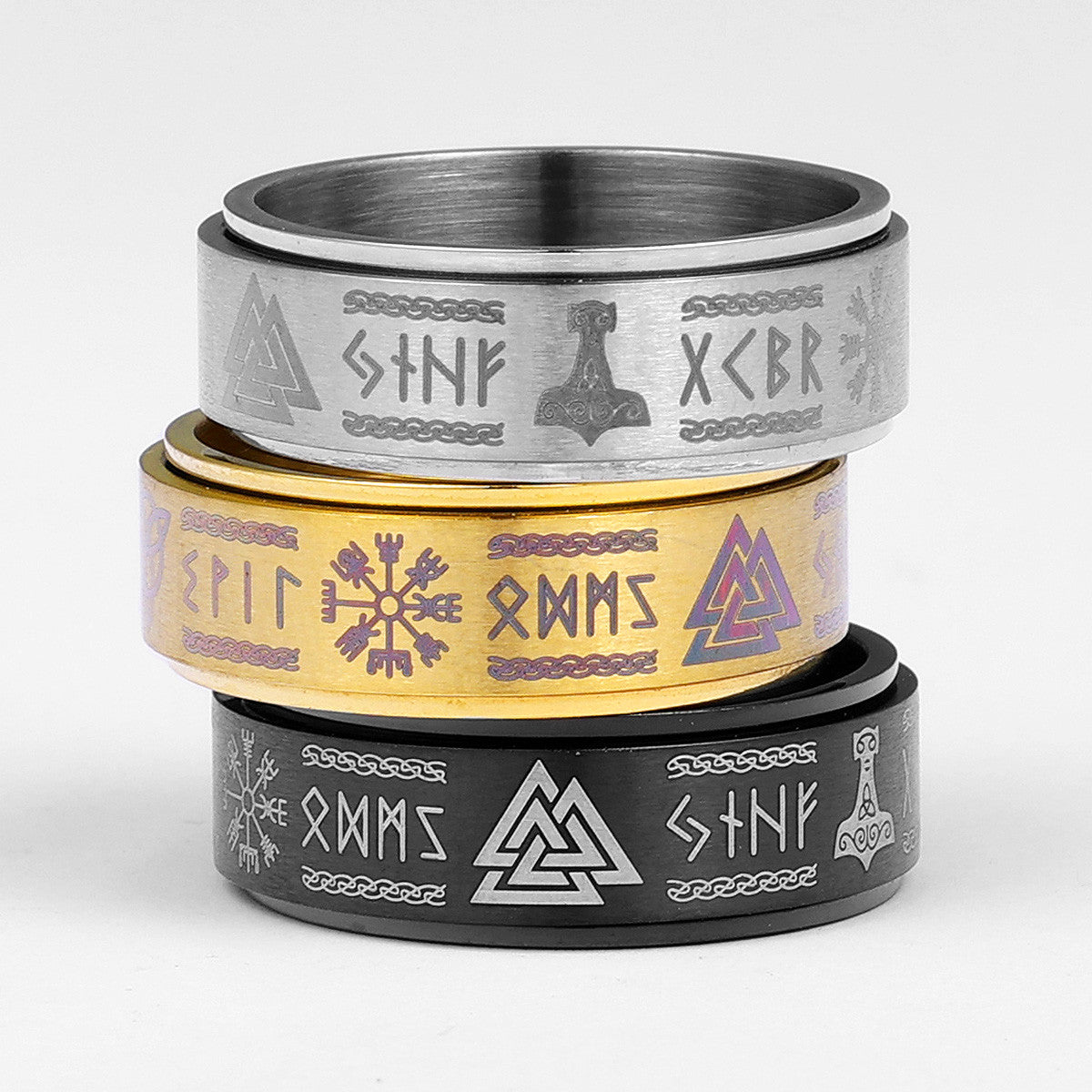 Vintage Nordic Viking | 316L Solid Stainless Steel Odin's Triangle Men's Rings