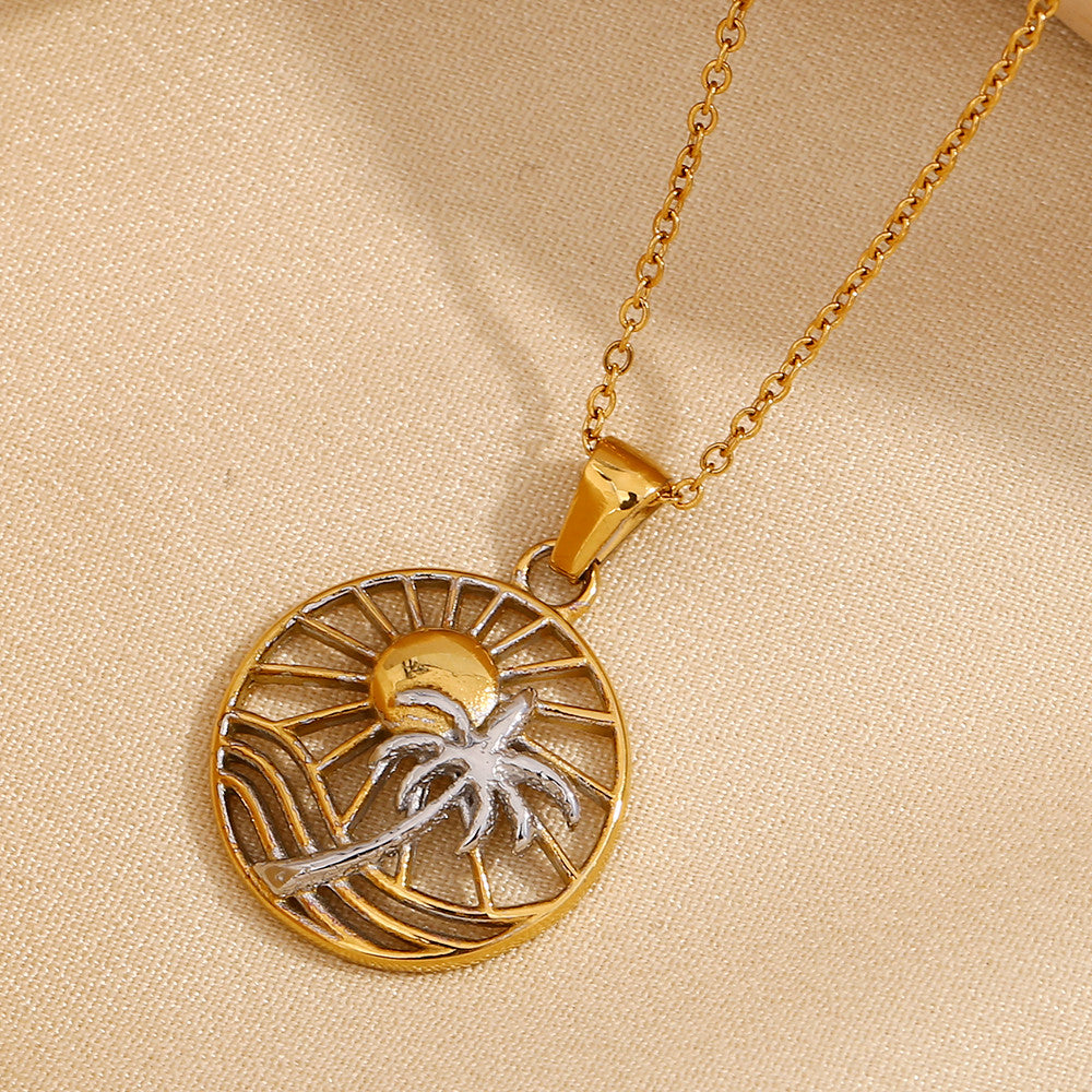 Ladies 18k Gold Waterproof Solid Stainless Steel Sun Coconut Palm Tree Pendant Necklace