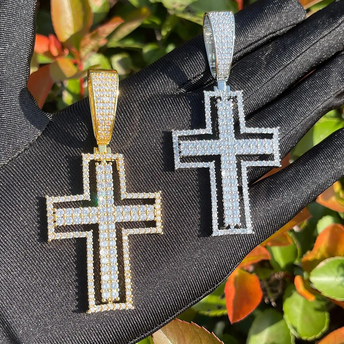 Mens Hollow Outlined 2 Row Prong Set Unique Hip Hop Cross Pendant