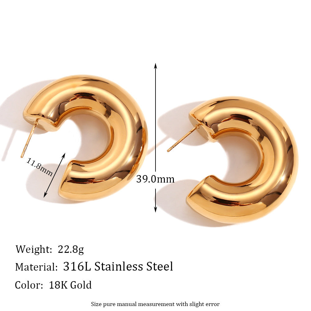 18k Gold O-shaped Street Wear Exaggerated Croissant Mini Hollow Stainless Steel Earrings