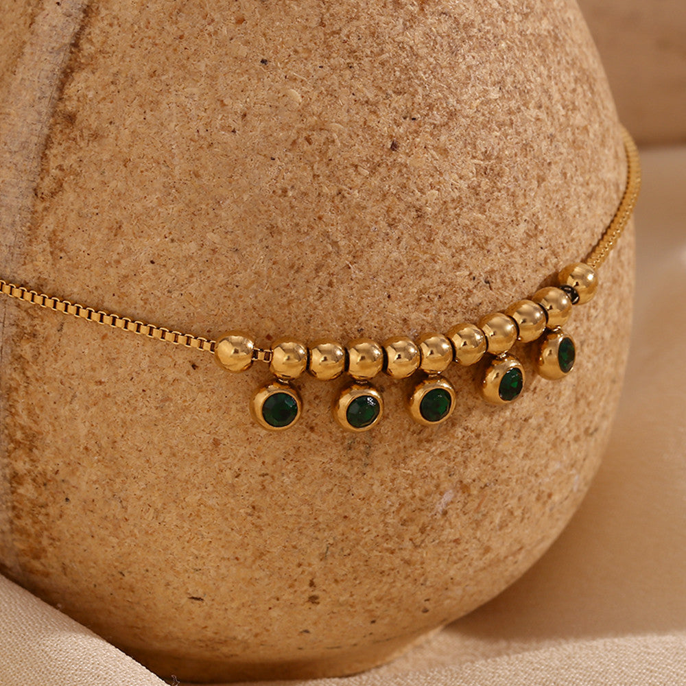 18k Gold Waterproof Stainless Steel Eye Catching Green Steel Ball Anklet Ankle Bracelets