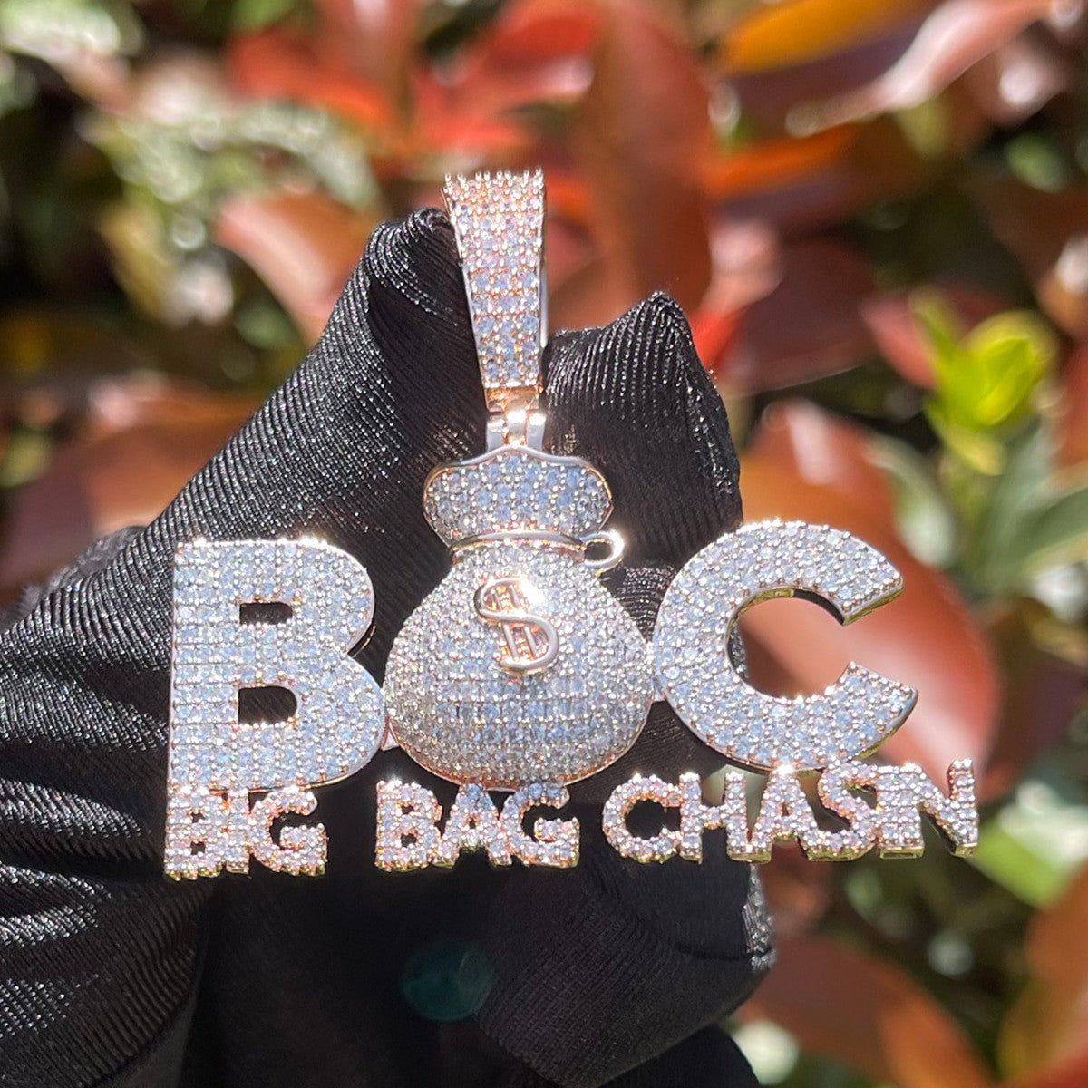 Big Bag Chasin | Iced Money Bag Blinged Out VVS Diamond CZ Hip Hop Pendant