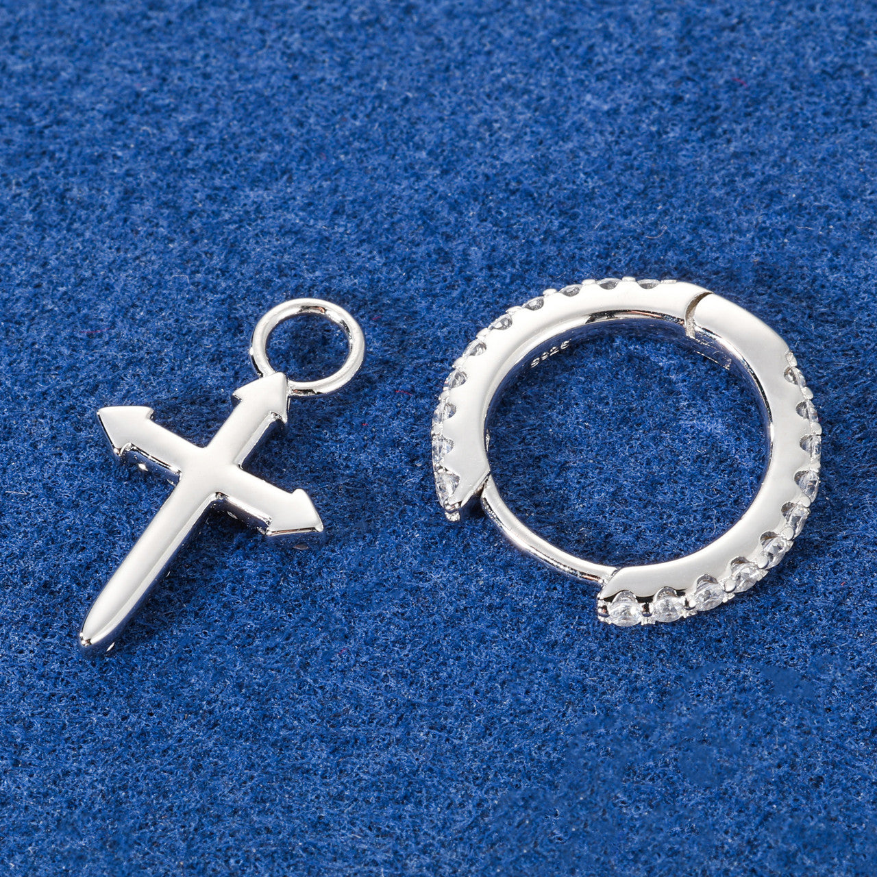 Crossed Huggie | Solid Sterling Silver VVS Diamond CZ Stone Cross Hoop Hip Hop Earrings