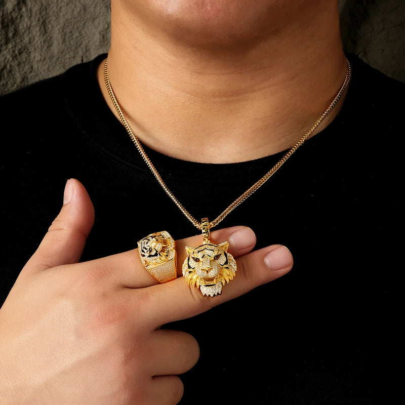 Tiger Pride Collection | 925 Sterling Silver Moissanite Diamond Tiger Pendant Ring Jewelry Set