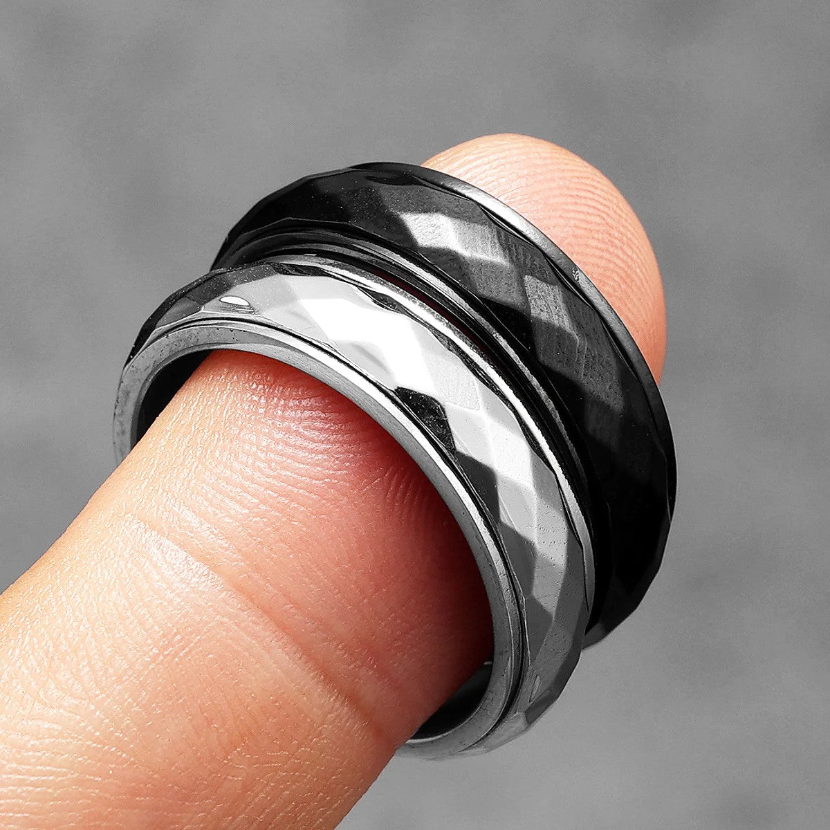 Geometric | Black Silver Solid Stainless Steel Rotating Classic Streetwear Rings