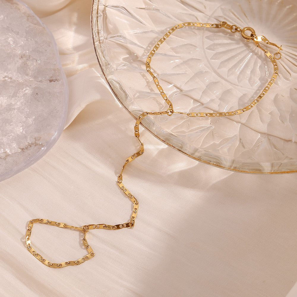 Ladies Waterproof Stainless Steel 18K Gold Plated Hand Chain Finger Ring Bracelet