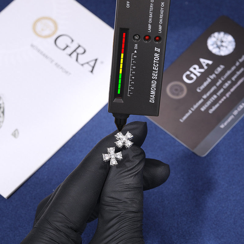 Radiant Cross Moissanite Diamond Solid 925 Sterling Silver White Gold Hip Hop Earrings