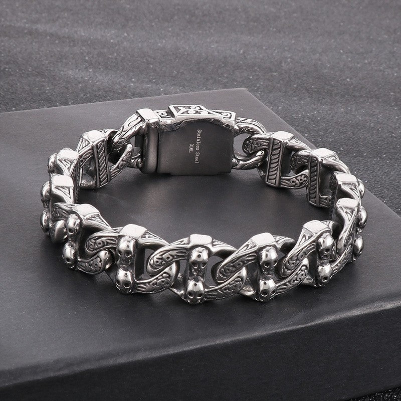 Skullsteel | Mens No Fade Stainless Steel Skull Cuban Link Hip Hop Rock Bracelet