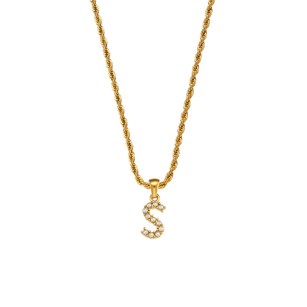 18k Gold No Fade Stainless Steel PVD Tarnish Free Elegant Pearl Letter Necklace