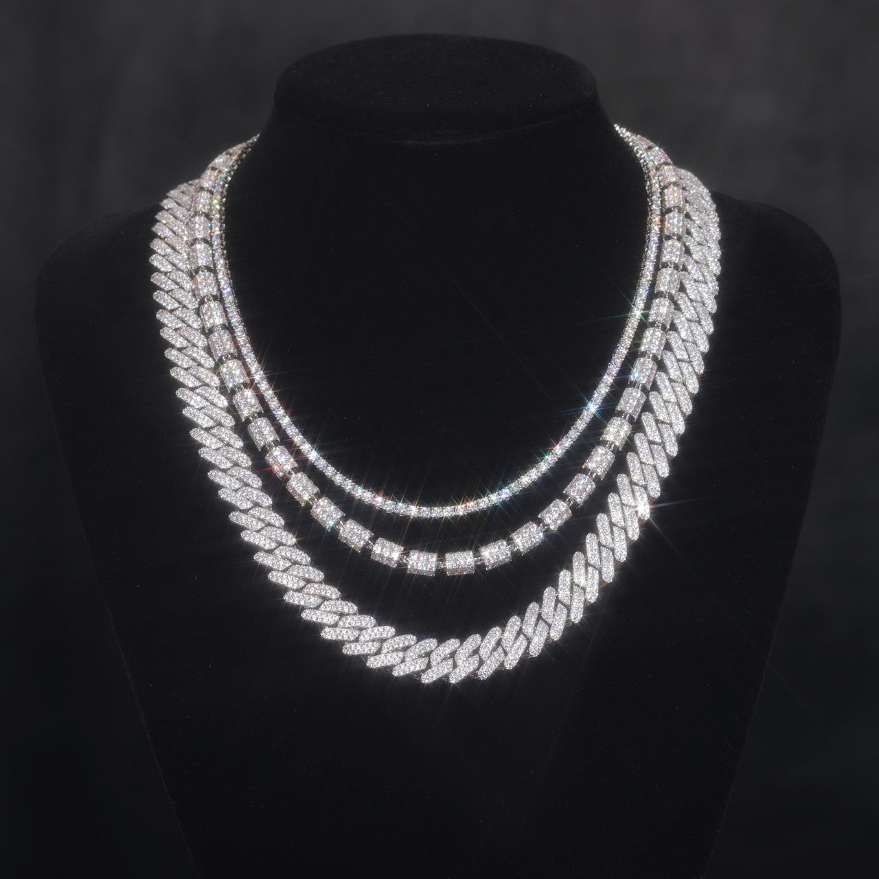 Moissanite Diamond Trio | 3 Piece Cuban Barrel Tennis Chain Solid 925 Silver Necklace Set
