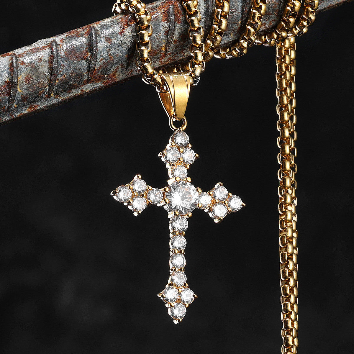 Gemstone Simple Cross | No Fade Stainless Steel Iced CZ Stone 14k Gold Bling Cross Pendant