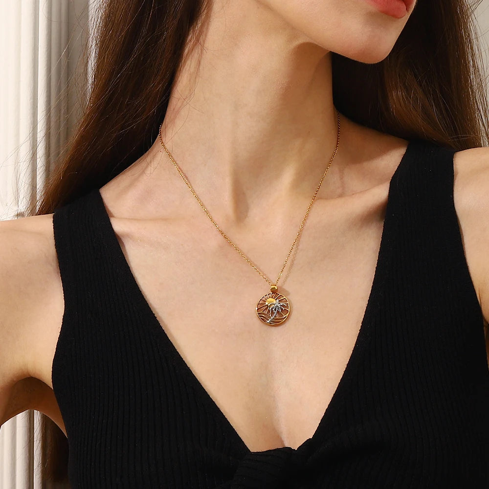 Ladies 18k Gold Waterproof Solid Stainless Steel Sun Coconut Palm Tree Pendant Necklace