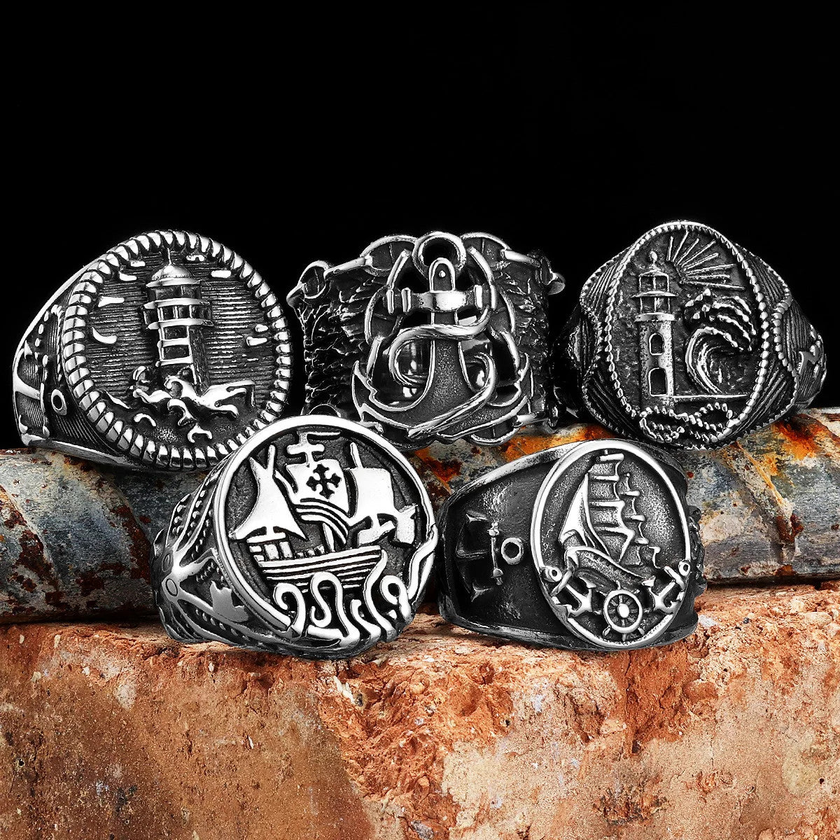 Nautical Navigator | 316L No Fade Stainless Steel Anchor Lighthouse Ocean Sailor Ship Men Rings