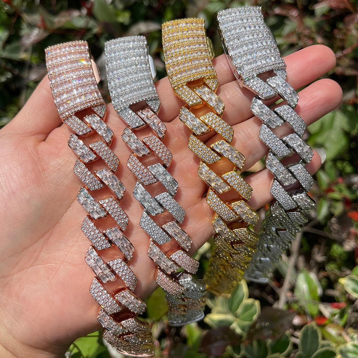 Mens Half Baguette Half Pave Flooded Ice Cuban Link Hip Hop Bracelets