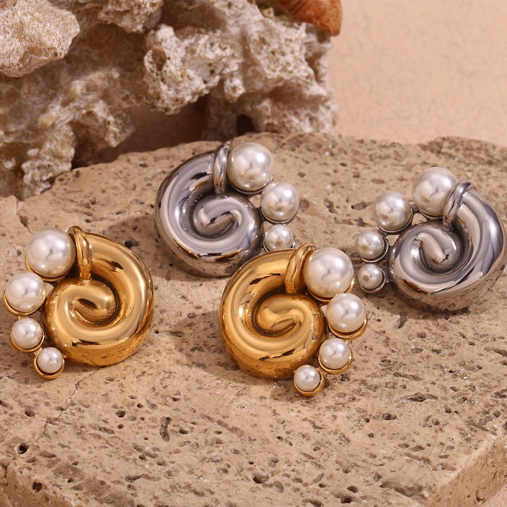 18k Gold Silver Waterproof Thread Vortex Pearl Solid Stainless Steel Earrings