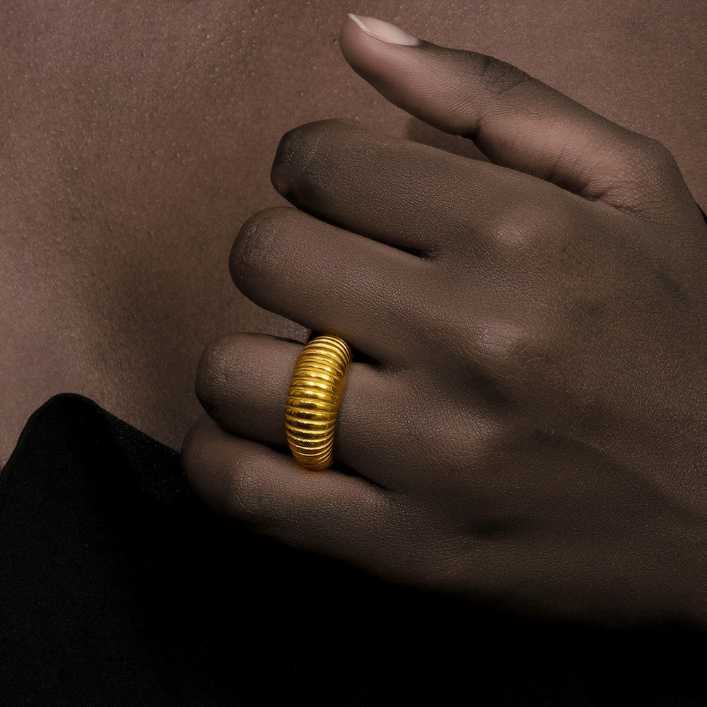 Women's Minimalist Style Thin Bread 18k Gold Waterproof Stainless Steel Ring