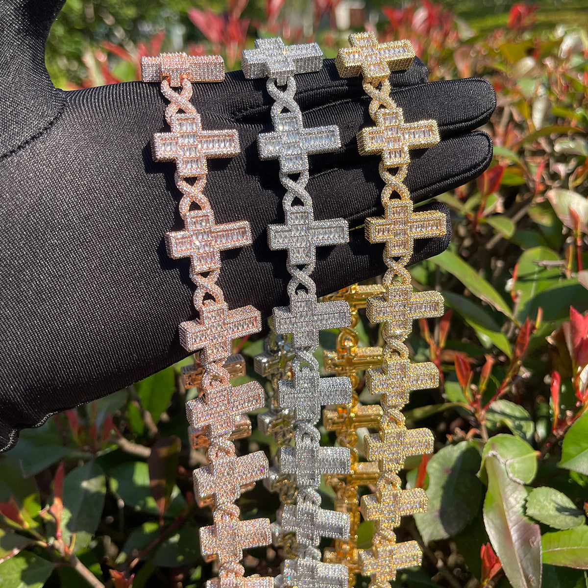 24k Gold Silver Rose Gold Designer Infinity Baguette Cross Prong Set Stone Chain Necklace