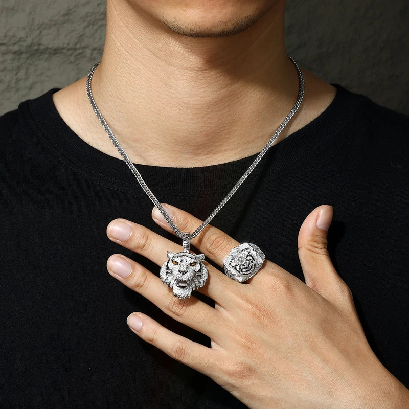 Tiger Pride Collection | 925 Sterling Silver Moissanite Diamond Tiger Pendant Ring Jewelry Set