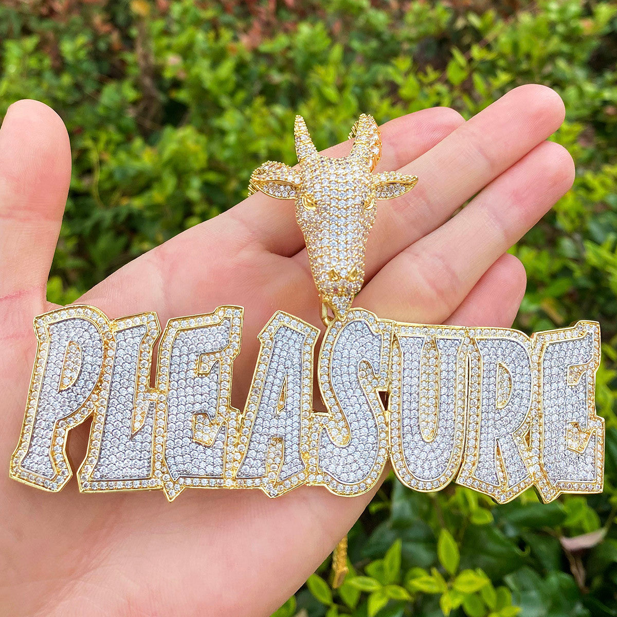 The Pleasure Principle | VVS Diamond CZ Custom Made Goat Bail Hip Hop Name Plate Pendant