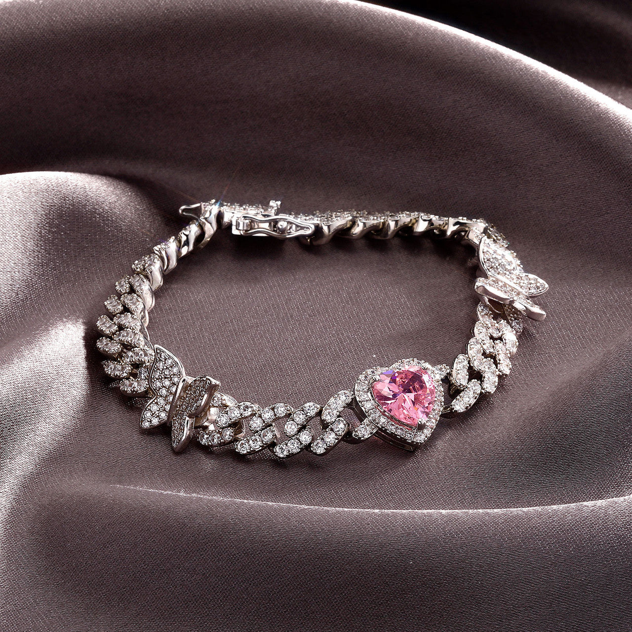 Pink Desire | New 8MM VVS Diamond CZ Cuban Link Pink Heart Bling Gemstone Bracelet