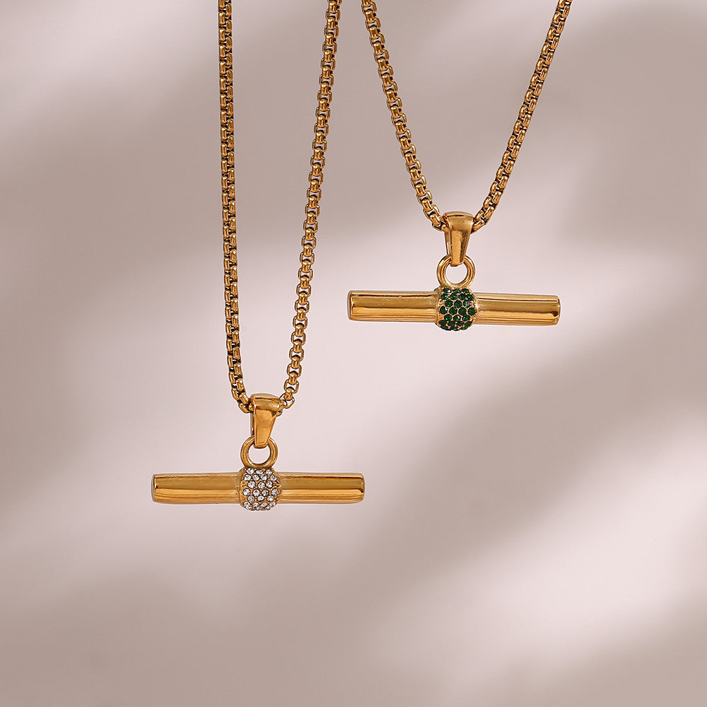 Stainless Steel Green CZ T Bar Pendant Square Pearl 18k Gold Hip Hop Chain Necklace