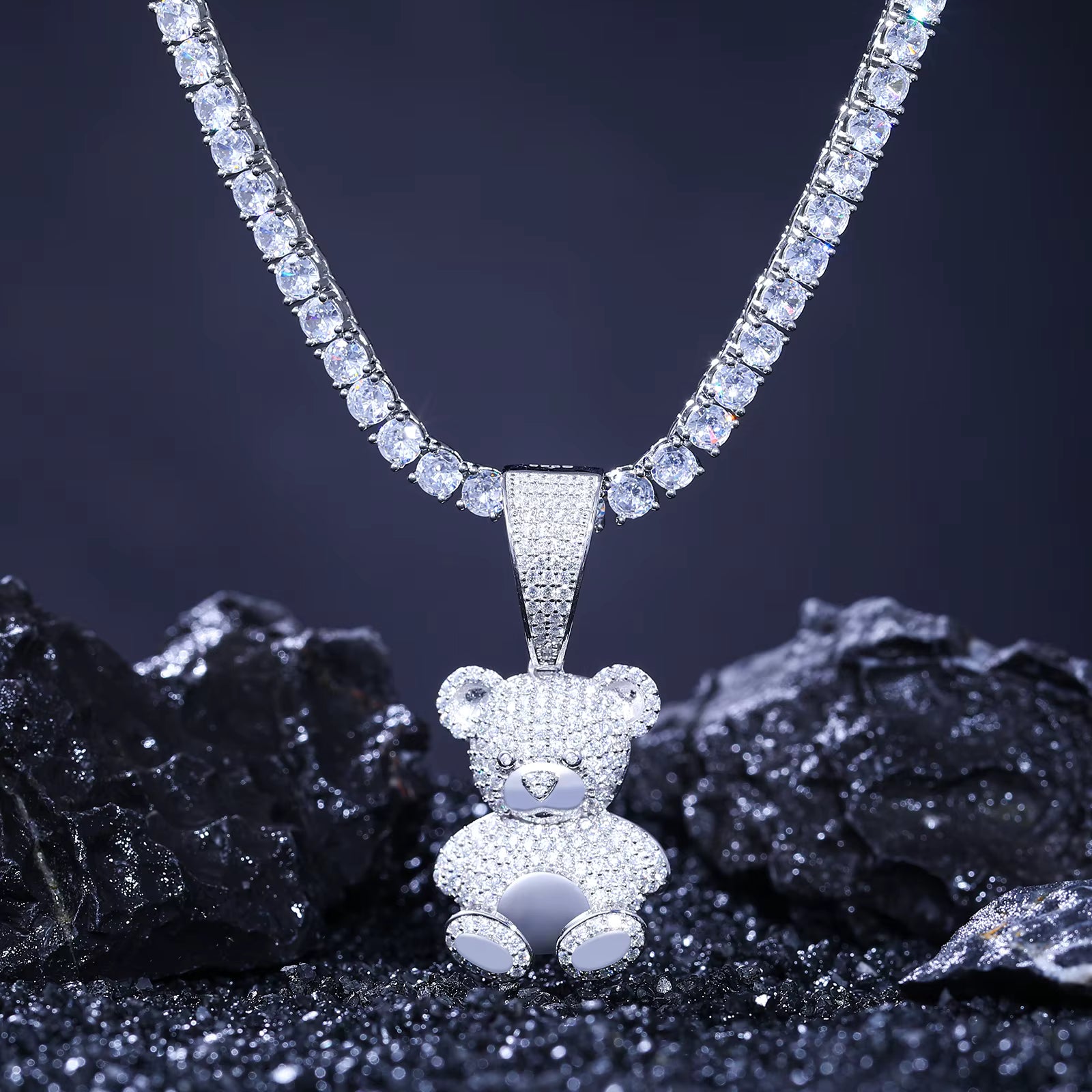 Teddy | Solid 925 Silver Moissanite VVS Diamond Teddy Bear Pendant Chain Necklace