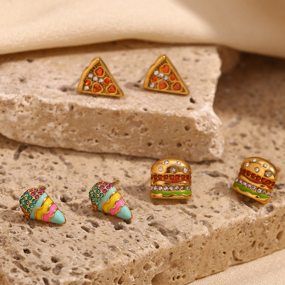 Ladies 18k Gold No Fade Summer Sweet Color Series Sandwich Pizza Ice Cream Earrings
