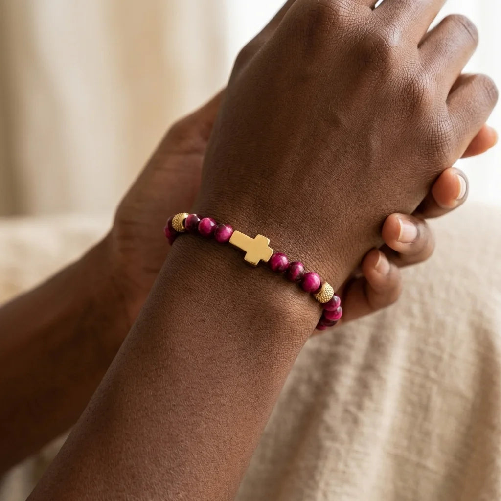 Daily Prayer | 316 Stainless Steel Polished Cross Tiger's Eye Stone Bead Luxury Bracelet