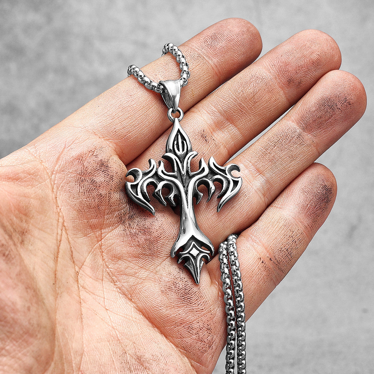 Mens Street Wear Fire Vulcan Cross No Fade Stainless Steel Pendant Chain Necklace