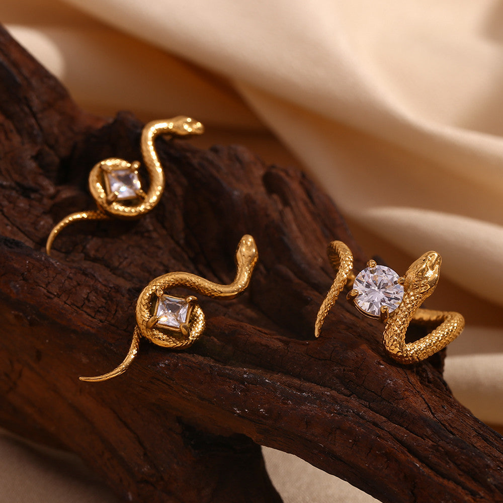 18k Gold Square Zirconium Snake Shaped Stainless Steel Rings
