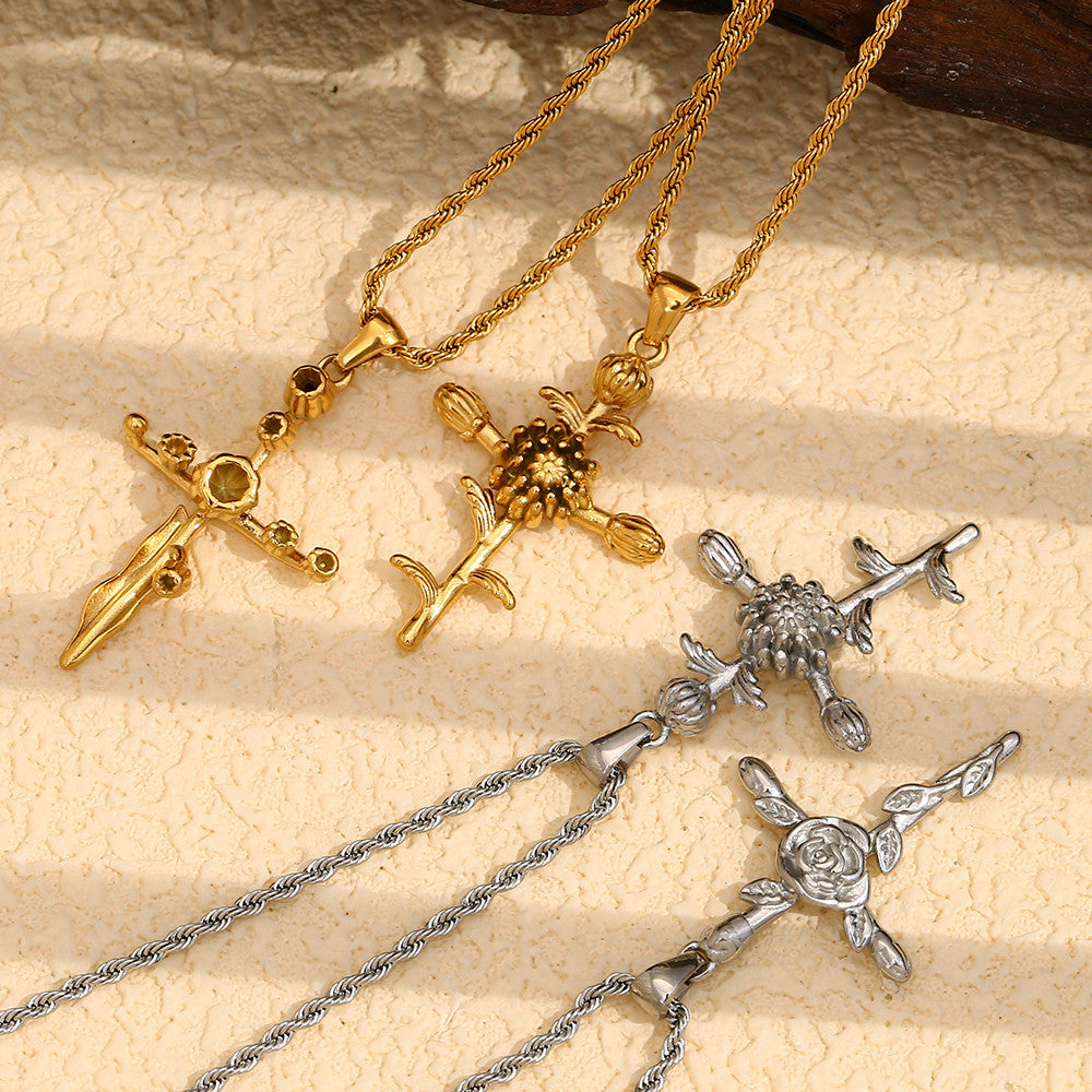 Women's 18k Gold Waterproof Designer Birth Month Flower Cross Tarnish Free Necklace