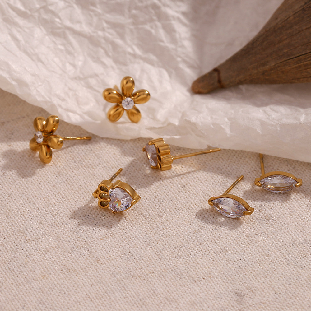 18k Gold Tarnish Free Mini CZ Flower Crown Horse Bling Stainless Steel Earrings