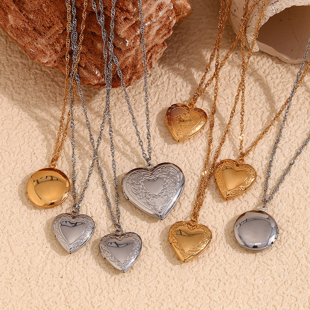 Ladies 18k Gold Waterproof Stainless Steel Flower Pattern Hollow Heart Photo Box Necklace