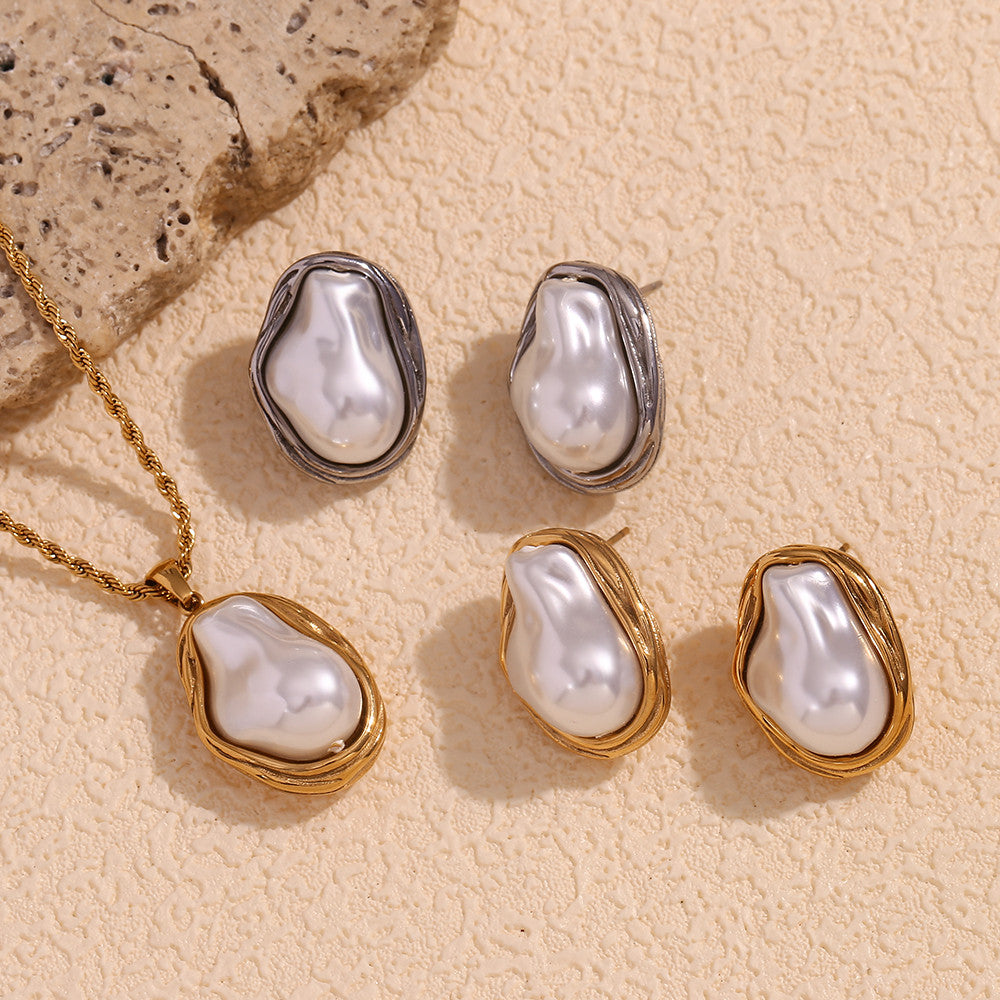 18k Gold Over Solid Stainless Steel Waterproof Imitation Pearl Patterned Earrings