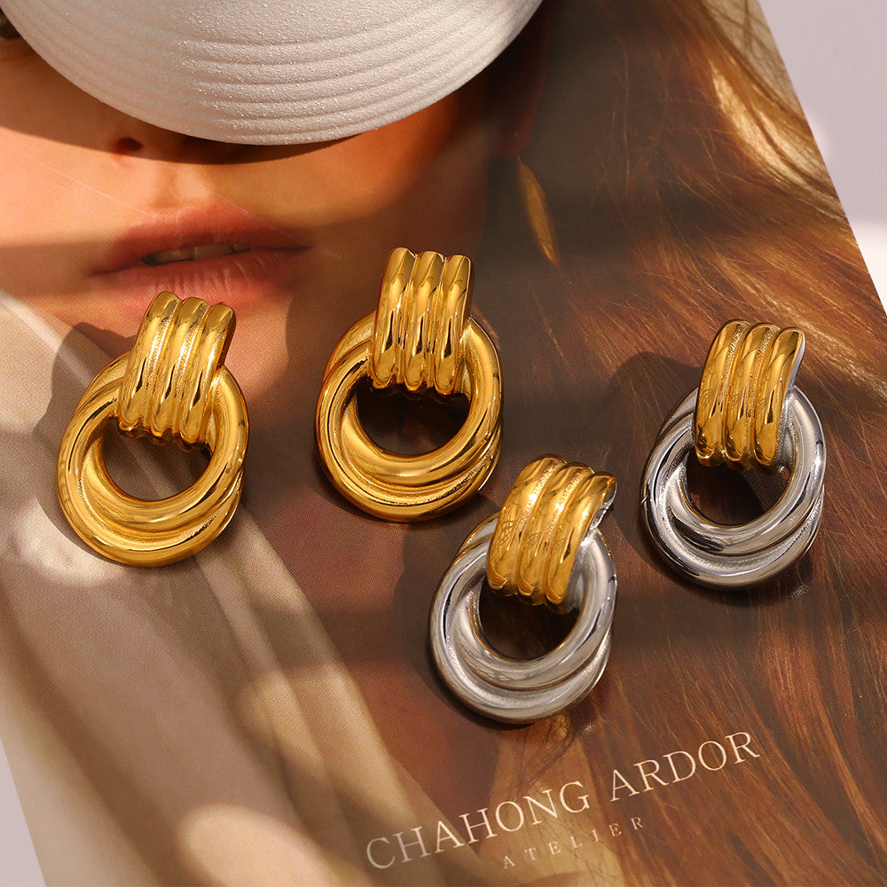 Ladies Classic Line Cross Circle Stud 18k Gold Tarnish Free Stainless Steel Earrings